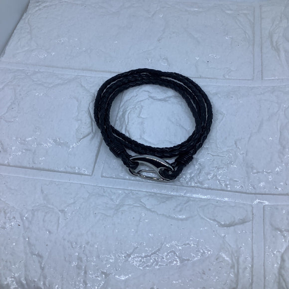 Black Woven Leather Double Wrap Bracelet Unisex Silver Tone Lobster Clasp