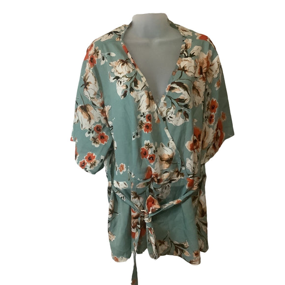 Shein Curve Women’s Floral Wrap V-Neck Short Sleeves Shirt Blouse Size 3XL