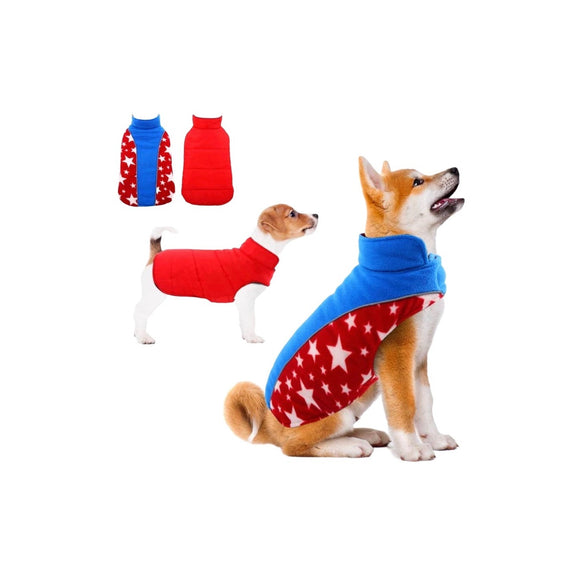 Reversible Dog Cold Weather Jacket for Dogs, Cozy Waterproof Windproof Plaid Vest, Adjustable Reflective Red with Stars 3XL