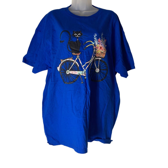 Black Cat On Bike Fruit Of The Loom T-Shirt Women’s Blue Size X-Large