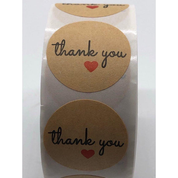 Thank You Stickers Kraft Paper with Red Heart 500pc 1in Product Label Stickers for Business