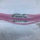 Pink Ribbon Breast Cancer Awareness FAITH BELIEVE HOPE Leather Braided Bracelet