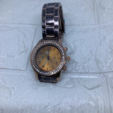 Chocolate Geneva Crystal Rhinestone Chronograph Watch with Metal Link Band