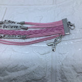 Pink Ribbon Breast Cancer Awareness FAITH BELIEVE HOPE Leather Braided Bracelet