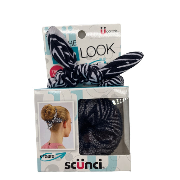 Scunci Get the Bun Look Maker 6 Piece Kit Black White Stripes Hair Accessories