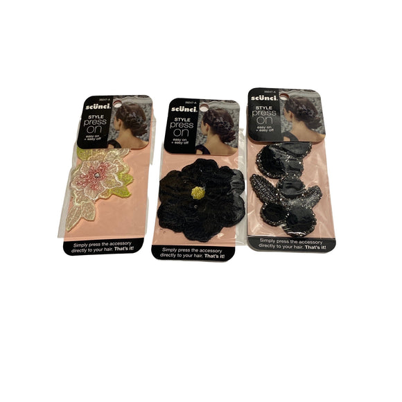 3-Pack Scunci Press On Hair Accessory Flowers Beaded Glitter Sparkle 39247-A