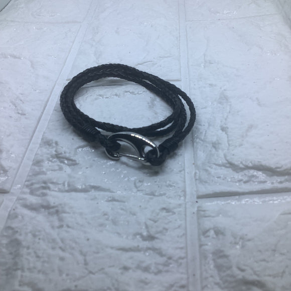 Braided Bracelet Black Genuine Leather Wristband with Steel Claw Clasp Men’s 7.5