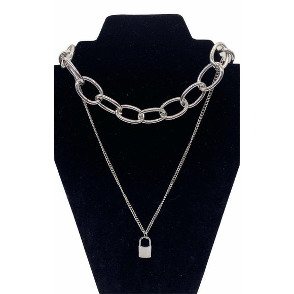 PadLock Layered Necklace Women’s Sliver Tone Punk Jewelry
