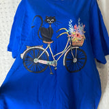 Black Cat On Bike Fruit Of The Loom T-Shirt Women’s Blue Size X-Large