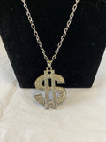 Inlaid Crystal Dollar Sign Necklace Stainless Steel Sliver Tone
