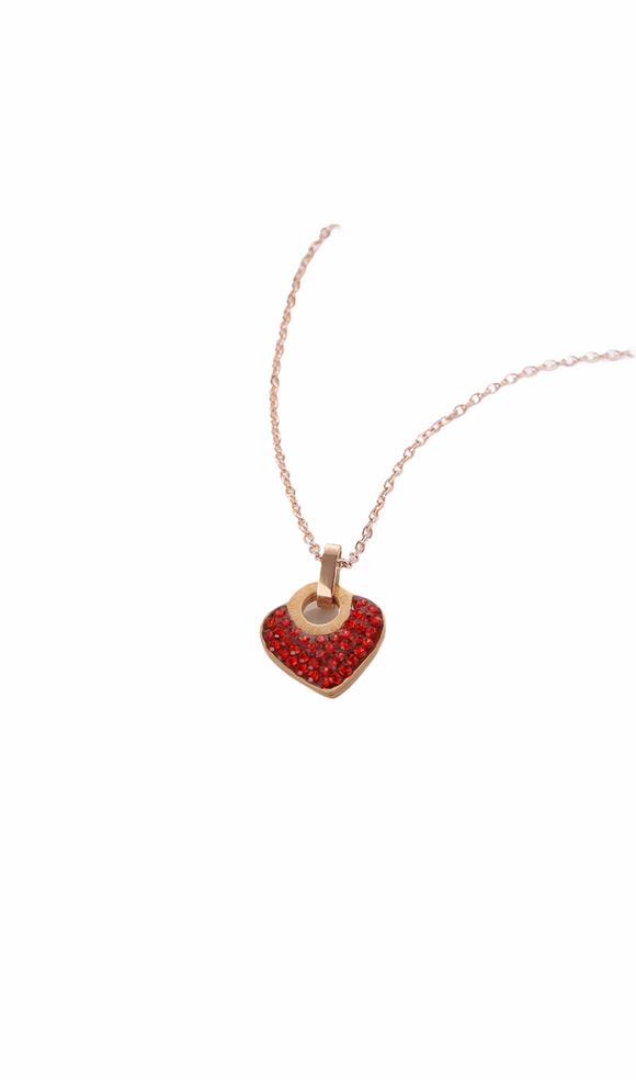 Inlaid Crystals Love Lock Rose Gold Necklace Red