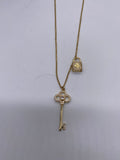 Faux Diamond Long and Key Necklace Gold Tone