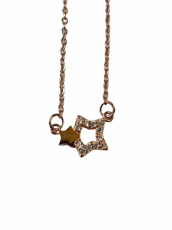 Two Star Necklace Rose Gold with Rhinestones