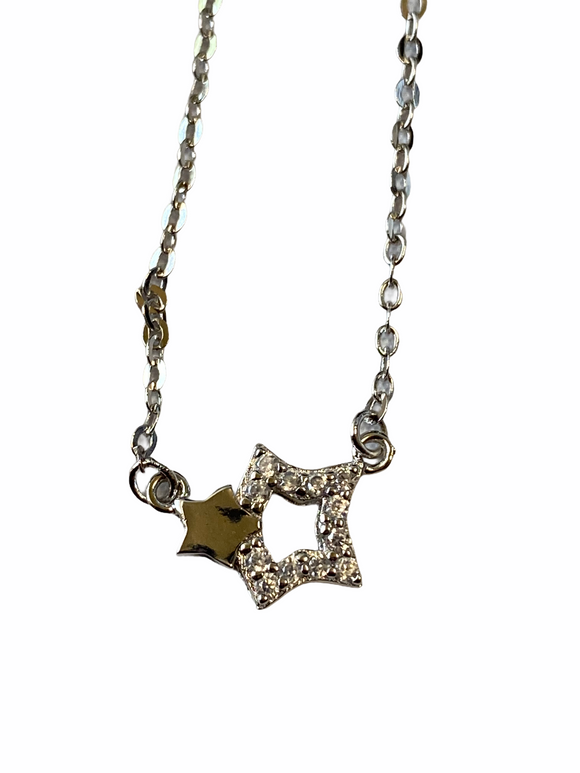 Two Star Necklace Sliver Tone with Rhinestones