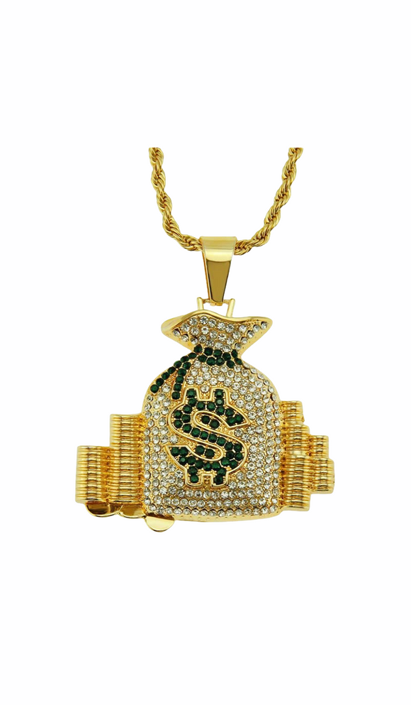 Hip Hop Money Bag Necklace Men’s Gold Tone with Green Jewels