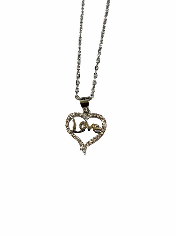 Love Heart Necklace Sliver Tone with Rhinestones